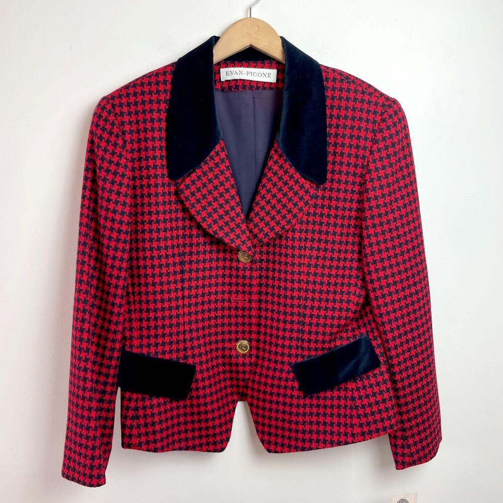 Vintage 90s Evan Picone Houndstooth Wool Blazer Medium Red Plaid Old Money